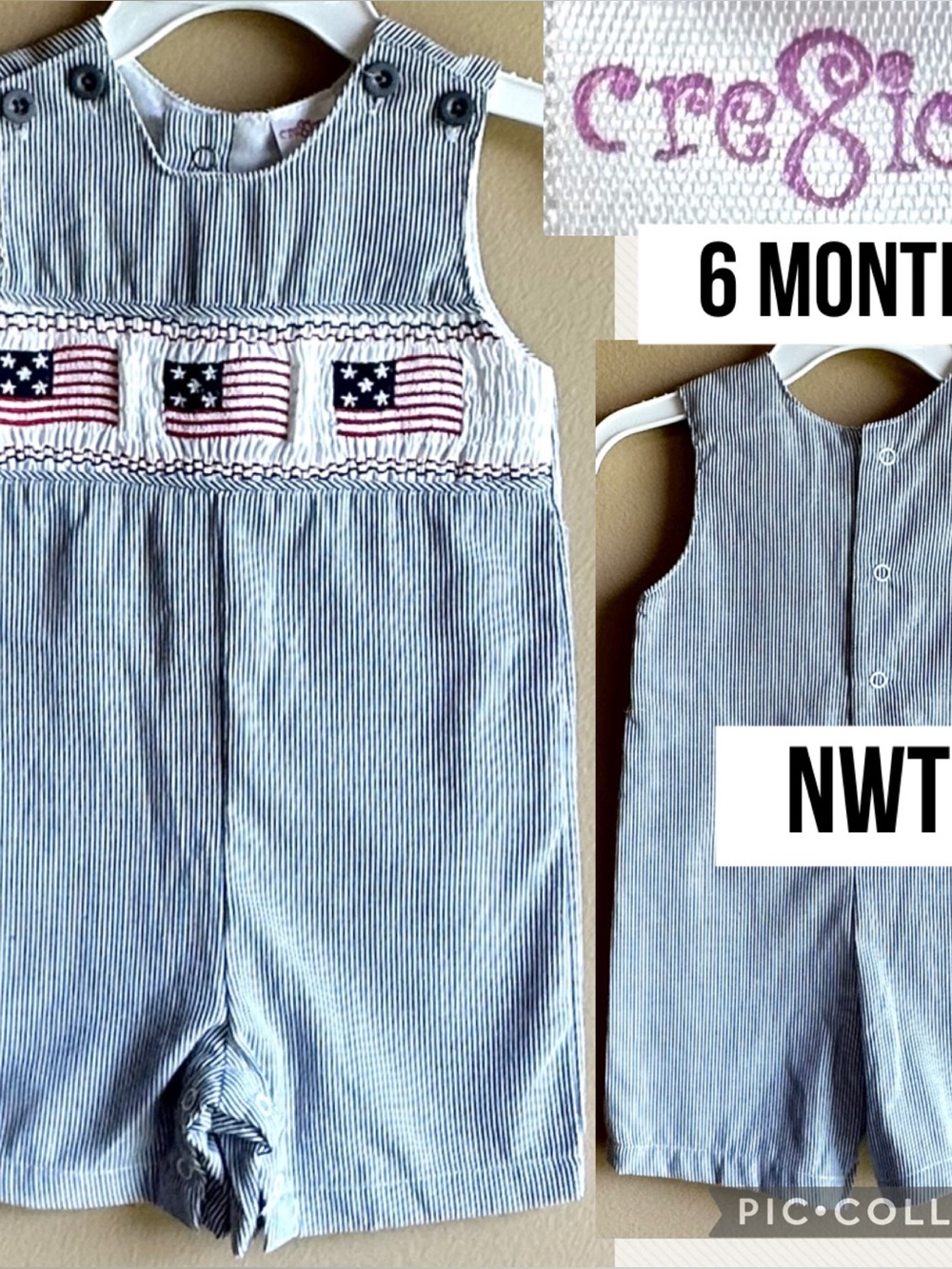 NWT Cre8ions Baby Romper Shortall Smocked American Flag Blue White Seersucker 6M